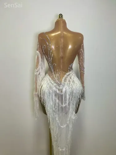 Imagen 2 del producto Vestido transparente sexi para mujer, brillante, con diamantes de imitación, perlas, lentejuelas, borla, noche, fiesta de cumpleaños, club nocturno, baile, cantante, traje de escenario