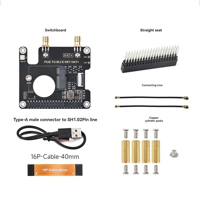 Placa adaptadora para raspberry pi 5 pcie para m.2 eqkey com cabo 16p conector de antena sma para cartões sem fio ngff