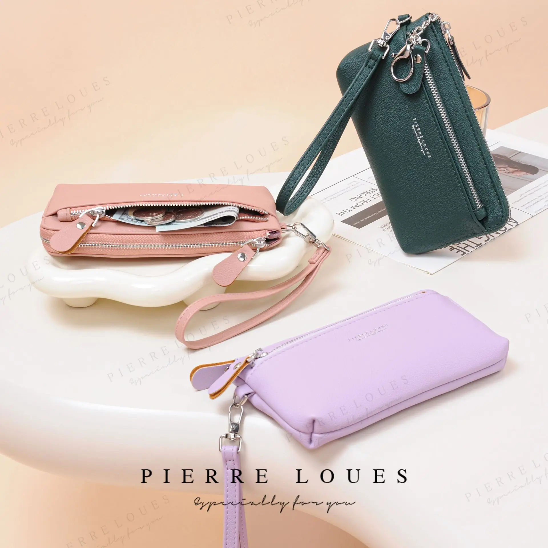 

Ladies purse Long change card holder cell phone holder key chain purse double zipper lanyard clutch bag