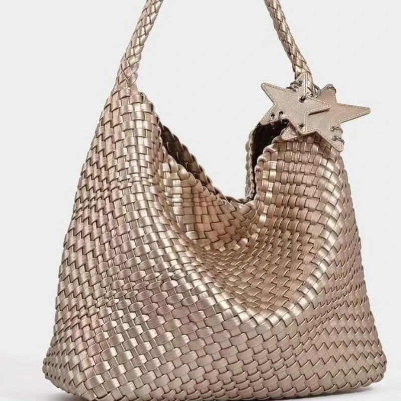 

Champagne Color 2025 Woven Tote Bag for Women Large Capacity Large Bag High-end Feel Hand-held Shoulder Bucket Bag