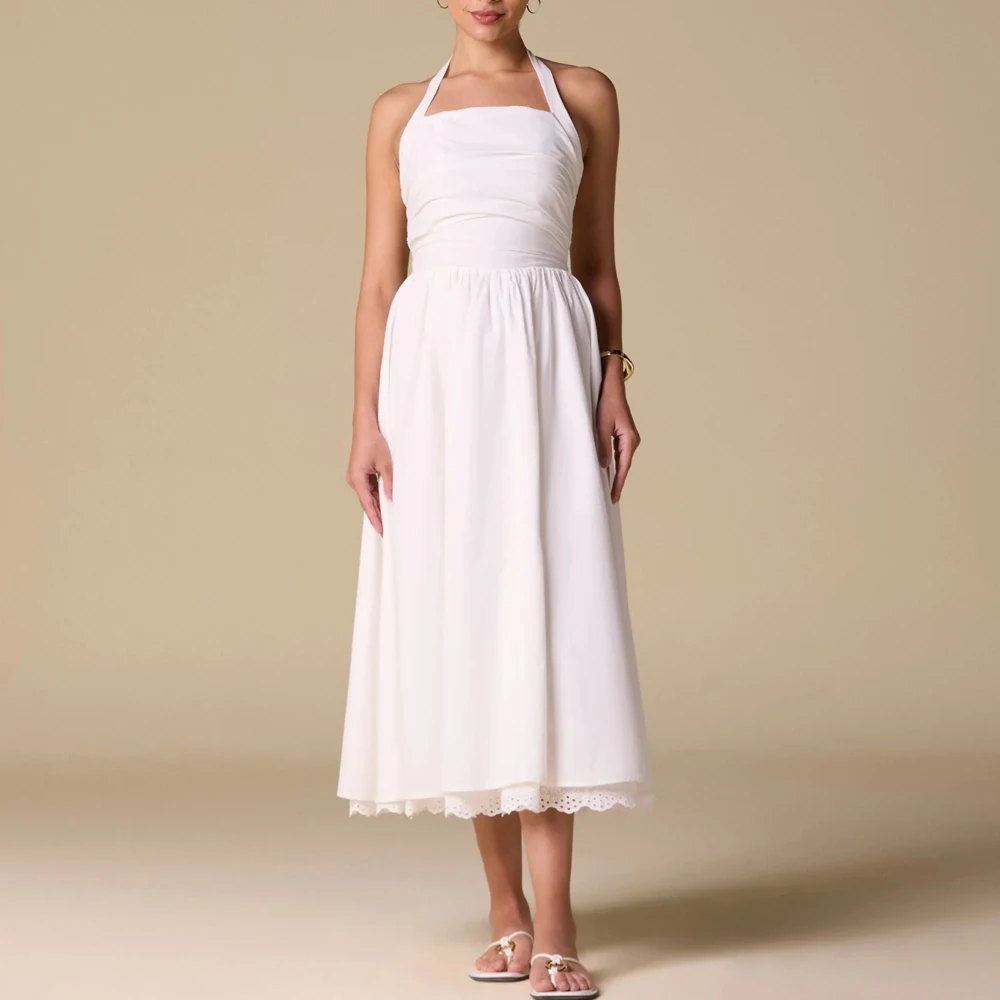 カスタマイズされたホワイトレーストリムホルターミディドレスAラインイブニングドレスフォーマルモダン絶妙な高品質プロムパーティガウン女性