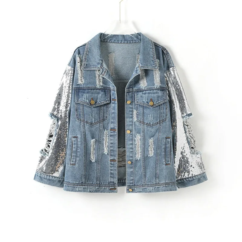 

Women's Ripped Denim Jacket Spliced Sequins, Fashion Jacket Loose Autumn/Winter 2024 New Single-breasted Top Coat