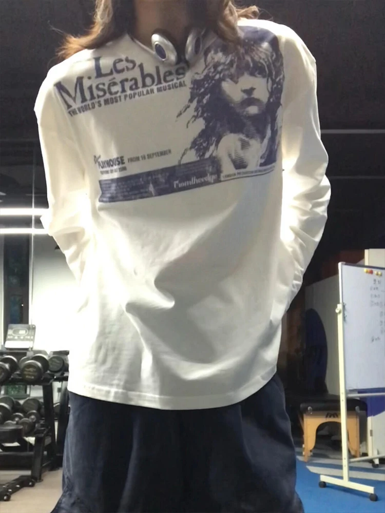 Retro americano manchado impressão longa sve redonda ne camiseta feminina primavera outono solto casual base irt topo tecido de algodão