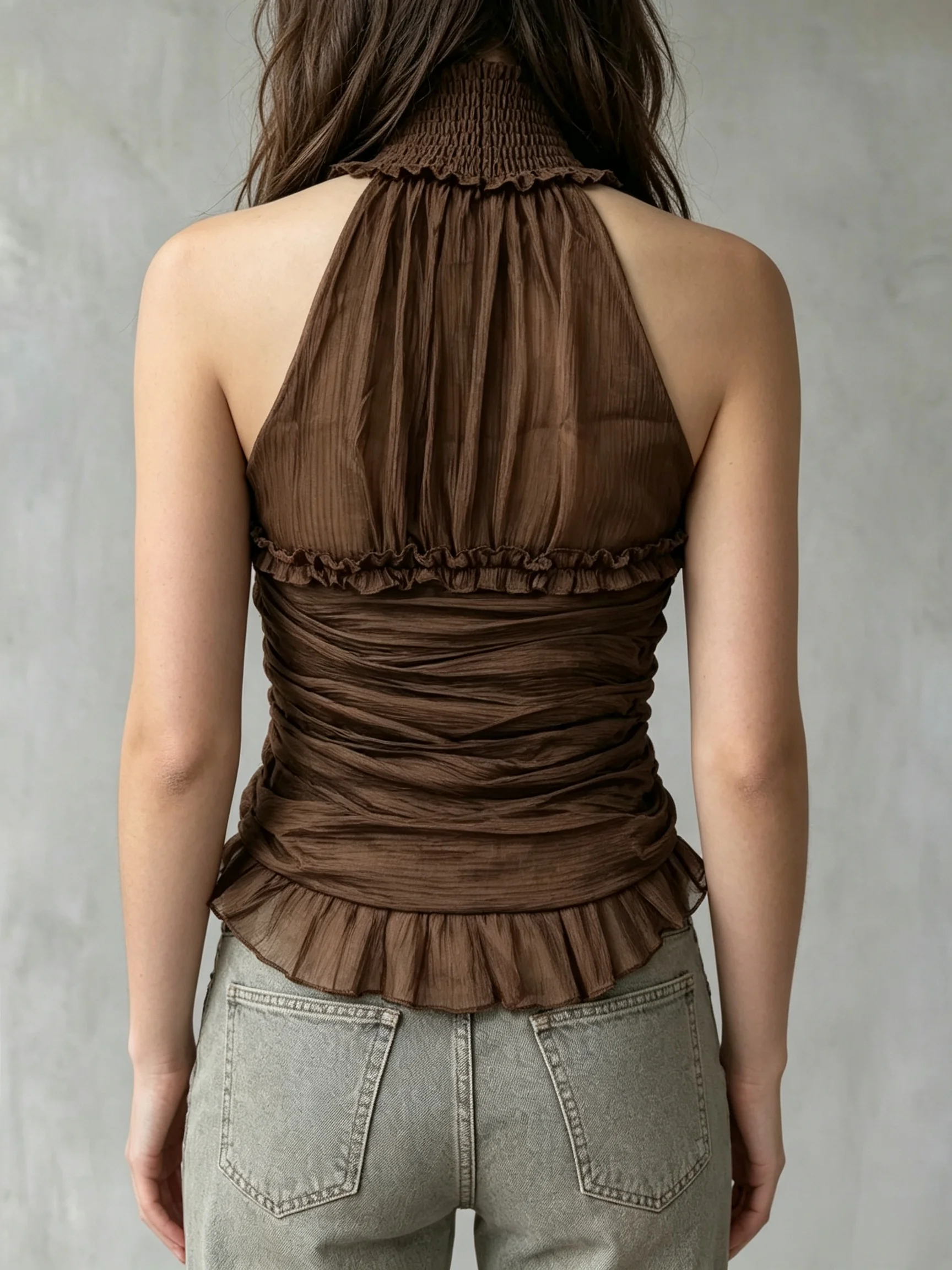 Retro Hot Girl Style Halter Neck Backless Top, Semi-Sheer Ruched Twist Design with Irregular Hemline and Ruffled Edges