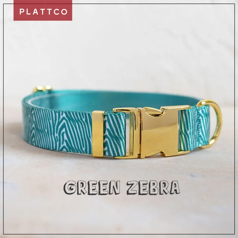 PLATTCO unique design dog collar print GREEN ZEBRA pattern and high-quality gold buckle 5 size PDC333YG