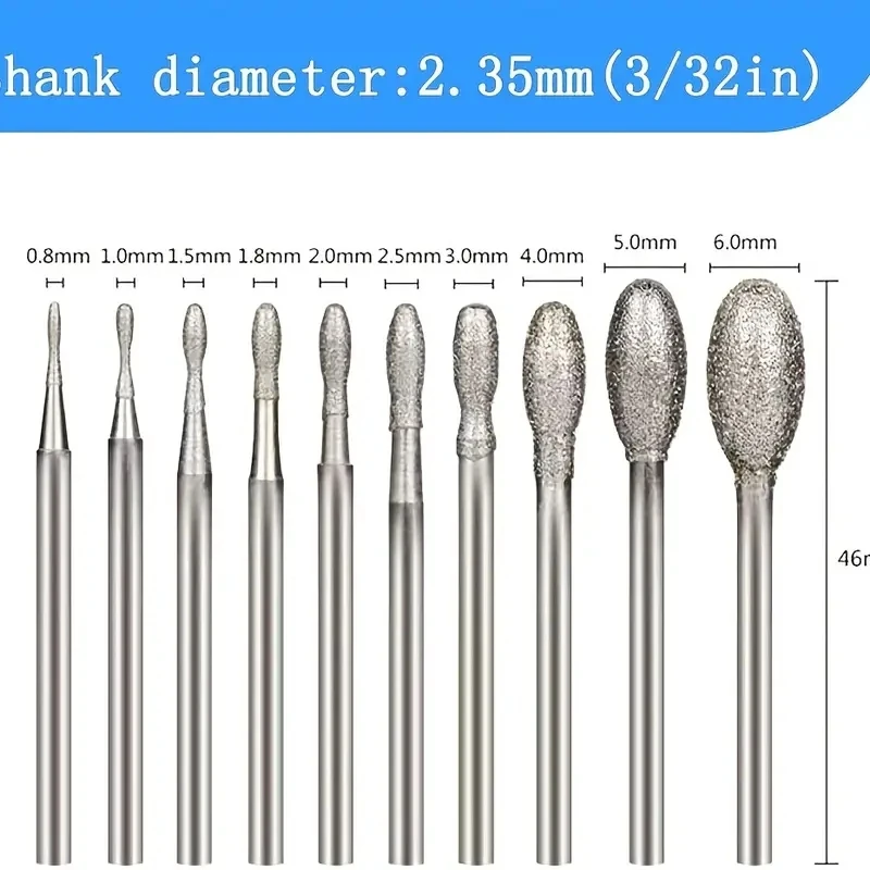 Rebarba de diamante de 10 peças, brocas de escultura em pedra de haste de 3/32 para ferramentas rotativas Dremel (formato oval)