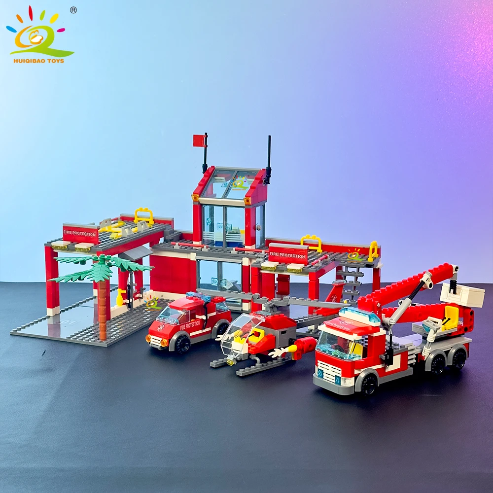 HUIQIBAO 756 pièces Station de pompiers avec modèle d'hélicoptère blocs de construction camion de pompier briques de pompier ville bricolage jouets pour enfants cadeau