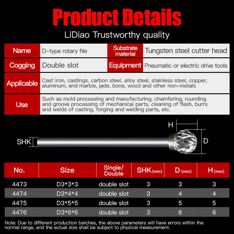 LIDIAO Metal Ball Carbide Rotary File Double Slot D Type Burr Die Grinder Abrasive Tool Wood Carving Bit 3mm Milling Cutter