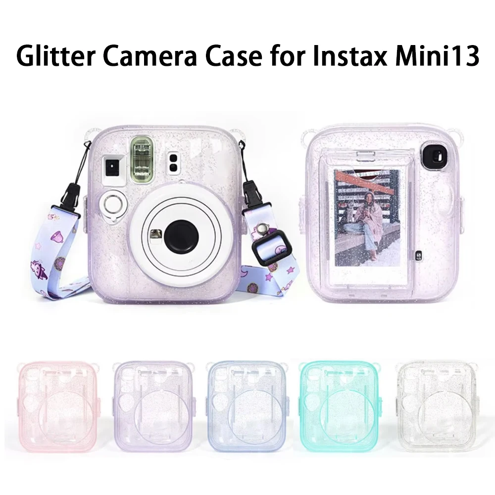 Translucent Glitter Camera Case for Fujifilm Instax Mini13 Anti Scratch Instant Camera Shell With Adjustable Strap Photo Storage