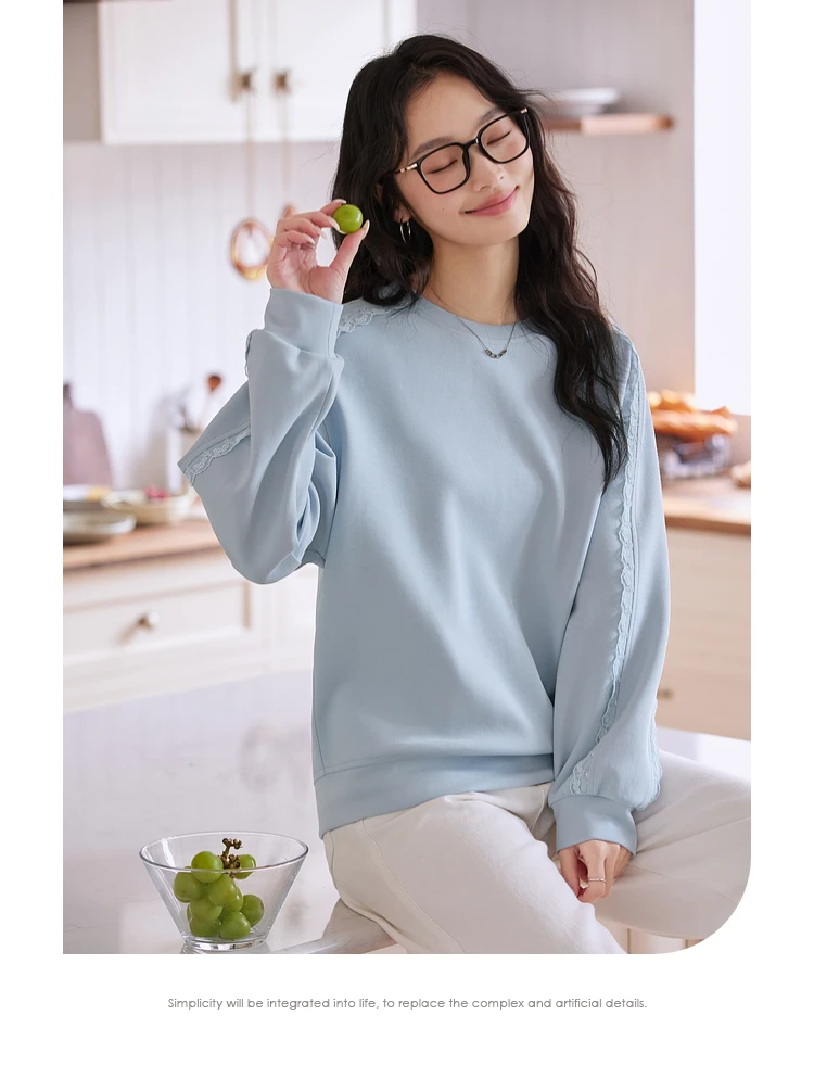 VIMLY Women's Sweatshirt 2025 Spring Autumn Casual Blue Lace Loose Pullover Cotton Blend Long Sleeve Top Female Clothes A0656