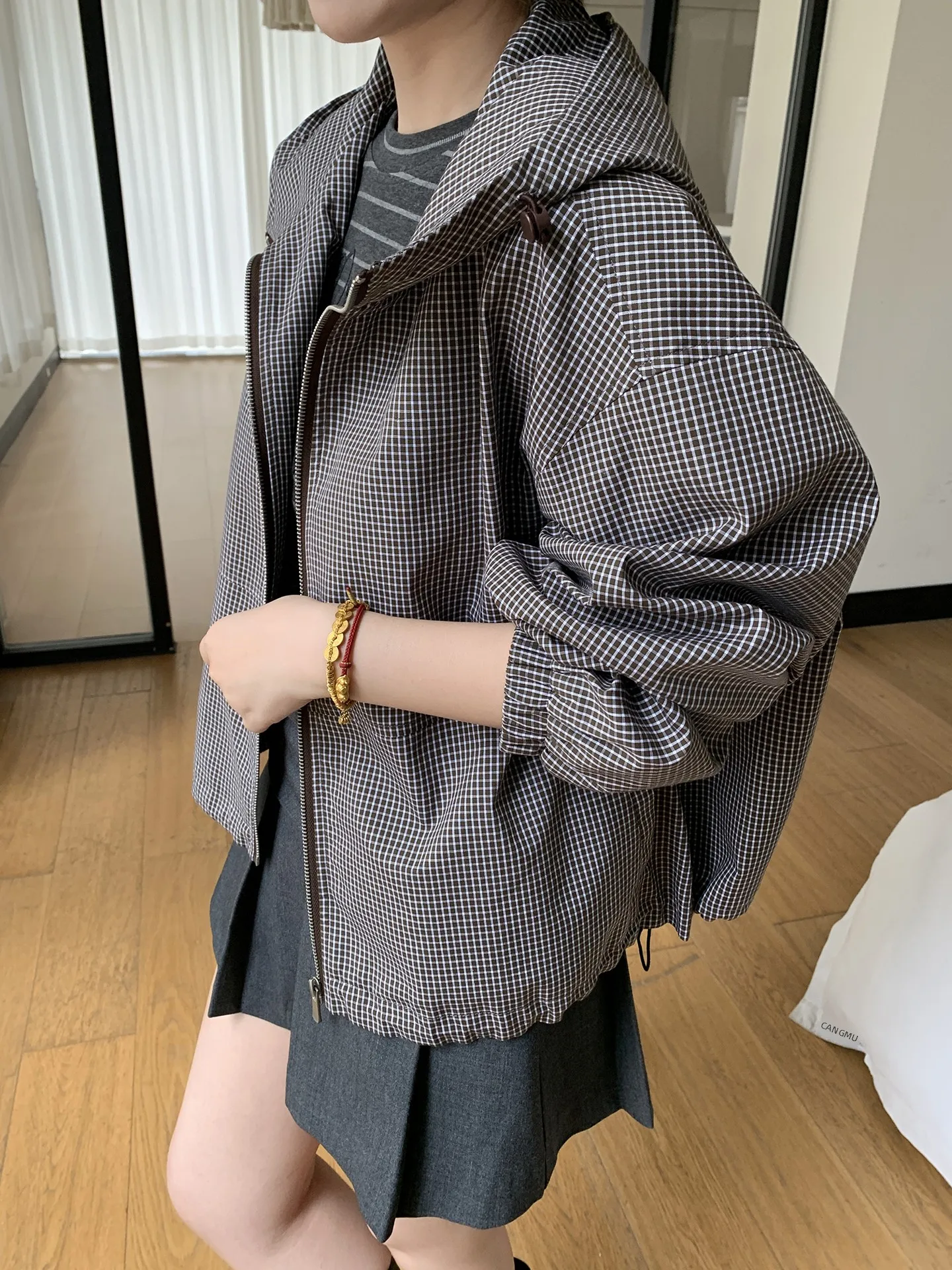 

Женская повседневная куртка Xuanxuan в клетку с капюшоном, свободного кроя, на молнии, маленького размера, универсальный топ из хлопка с длинными рукавами, весенняя коллекция