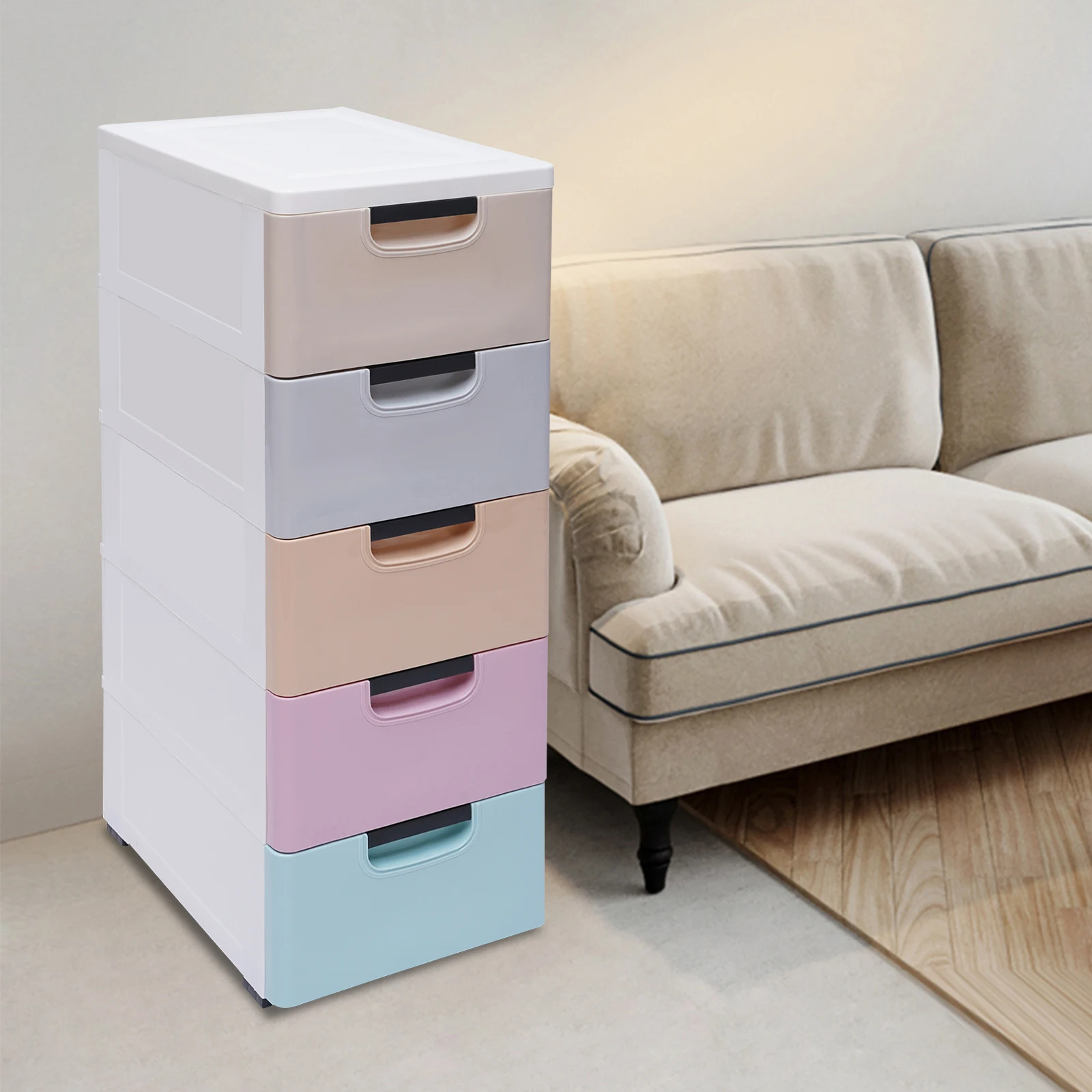 

5 Drawer Stackable Storage Tower,Plastic Drawers Dresser,Narrow Rolling Storage Cabinet for Livingroom Bedroom,Colored