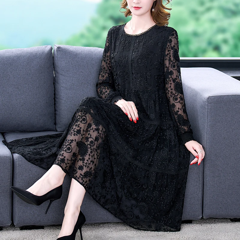 

Summer Embroidery Floral Natural Silk Light Midi Dress Women Korean Fashion Light Beach Dress 2022 Elegant 5XL Plus Size Dress