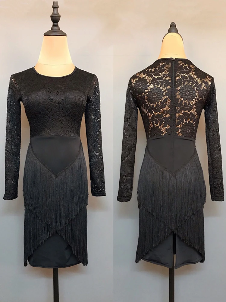 فستان الرقص اللاتيني للنساء السالسا سامبا تشا تشا أزياء رقص كم طويل فساتين الدانتيل الأسود ملابس الأداء اللاتينية 1987