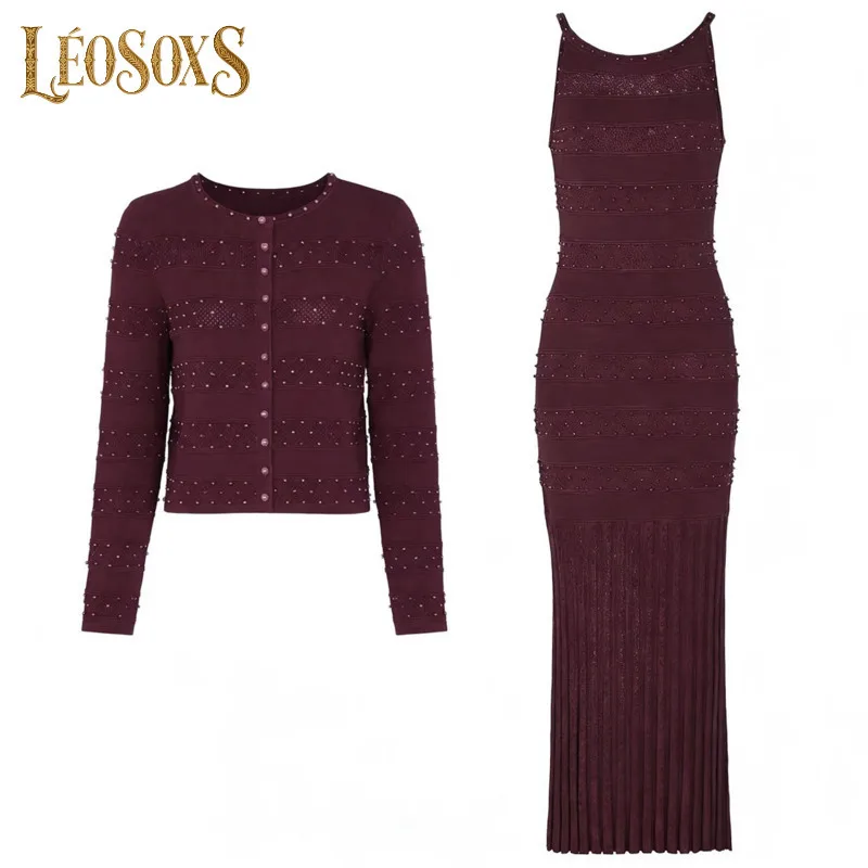 LEOSOXS Luxuriöses zweiteiliges Kleiderset für Damen, Strickjacke, Maxikleid, Kombination mit Fransen-Design für schicke, formelle Raffung, Styling-Look 2025,