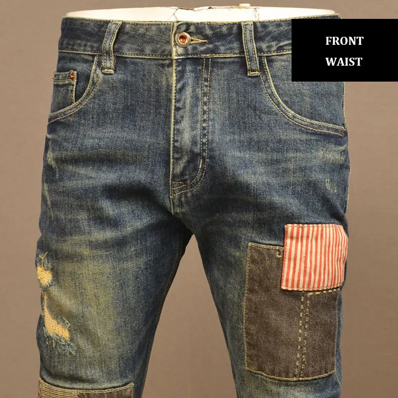 Street Fashion Men Jeans Retro Washed Blue Elastic Slim Fit Vintage Ripped Jeans Men Patch Designer Hip Hop Denim Pants Hombre
