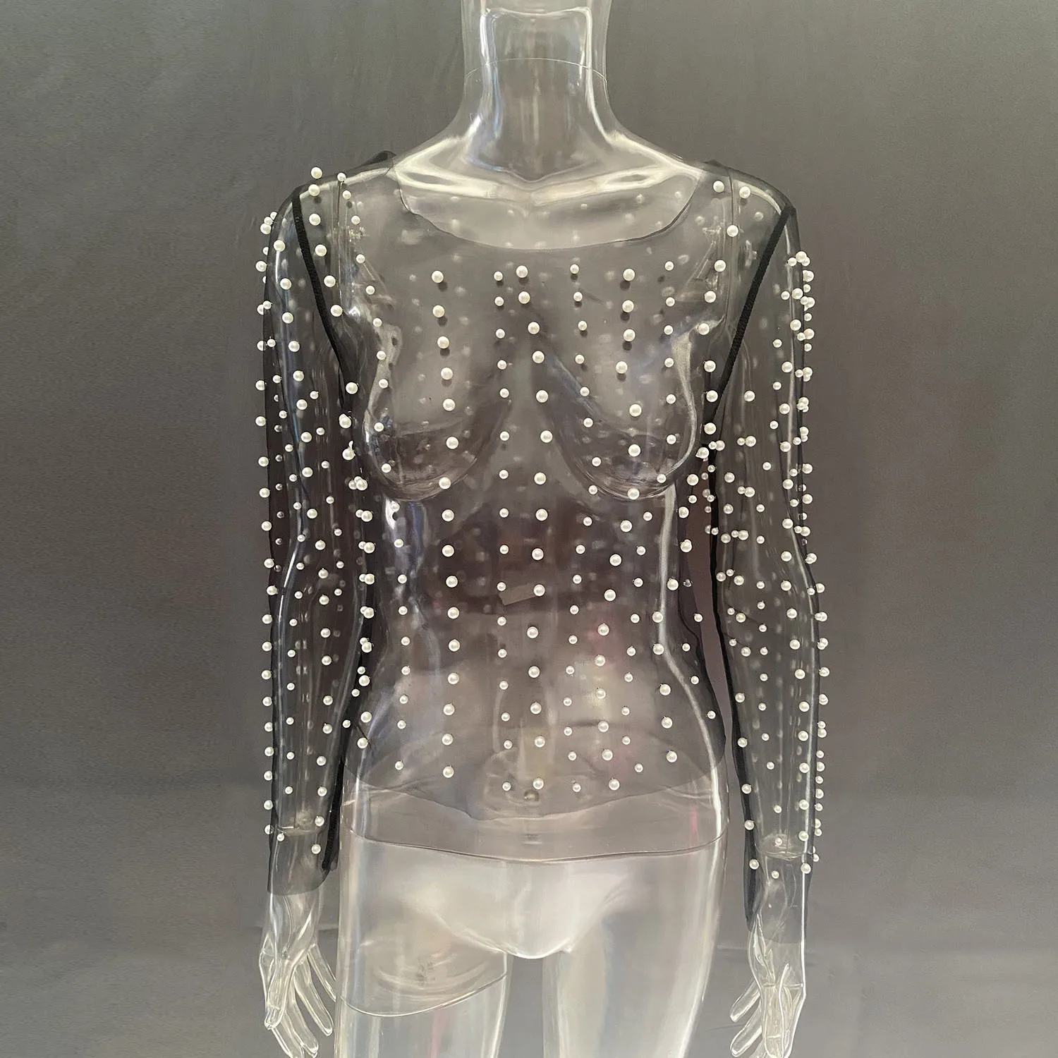 Gtpdpllt Sexy See Through T Shirt Mesh Patchwork Pearl Y2K Tops For Women‘s T-Shirts Elegant Crop Tops 2024 Woman Clothes