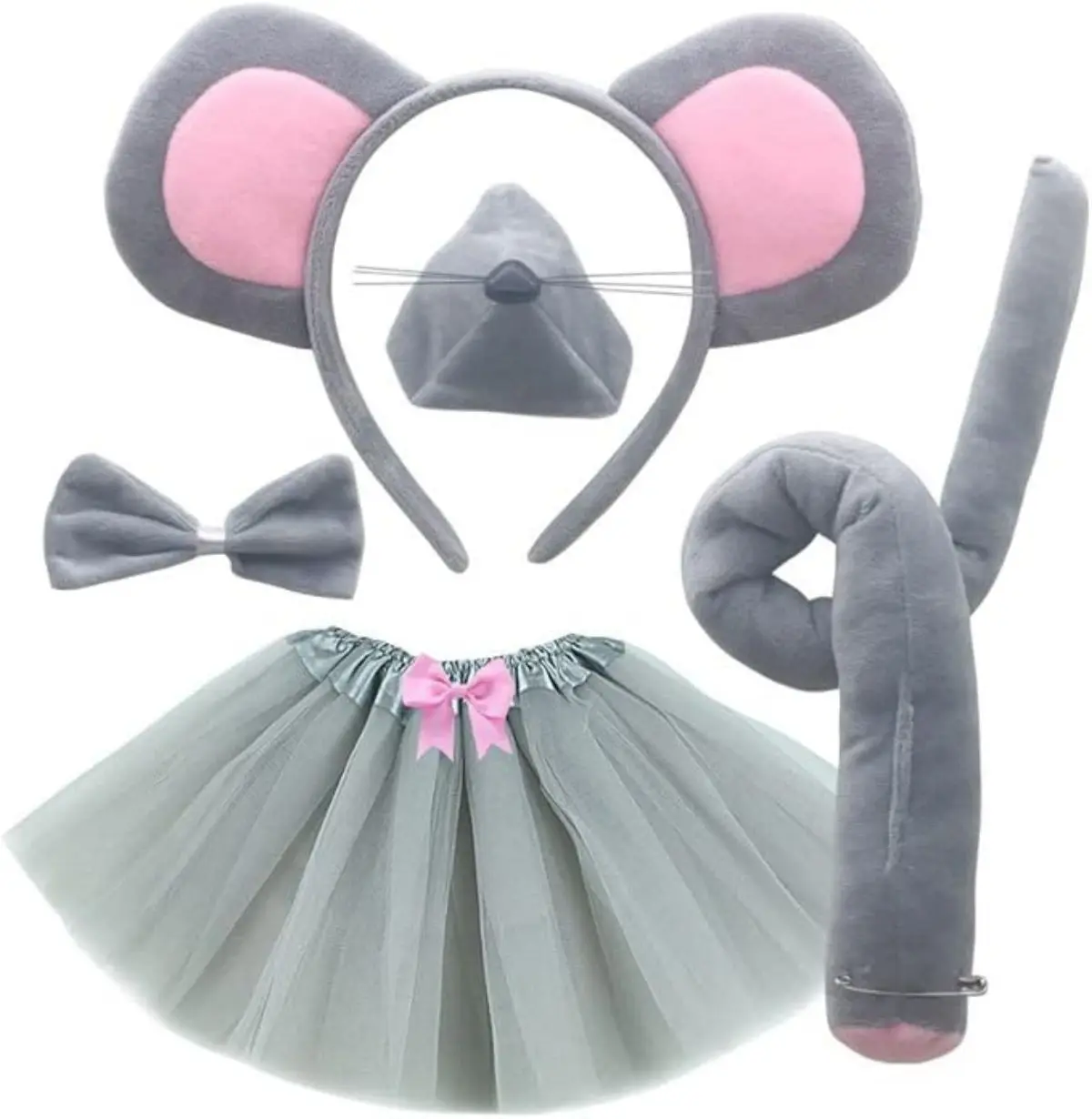 

Grey Mouse Fancy Costume set Mice Ears Headband Nose Tail Bow Tie Rat Tutu Skirt Animal Theme Cosplay Outfit Party