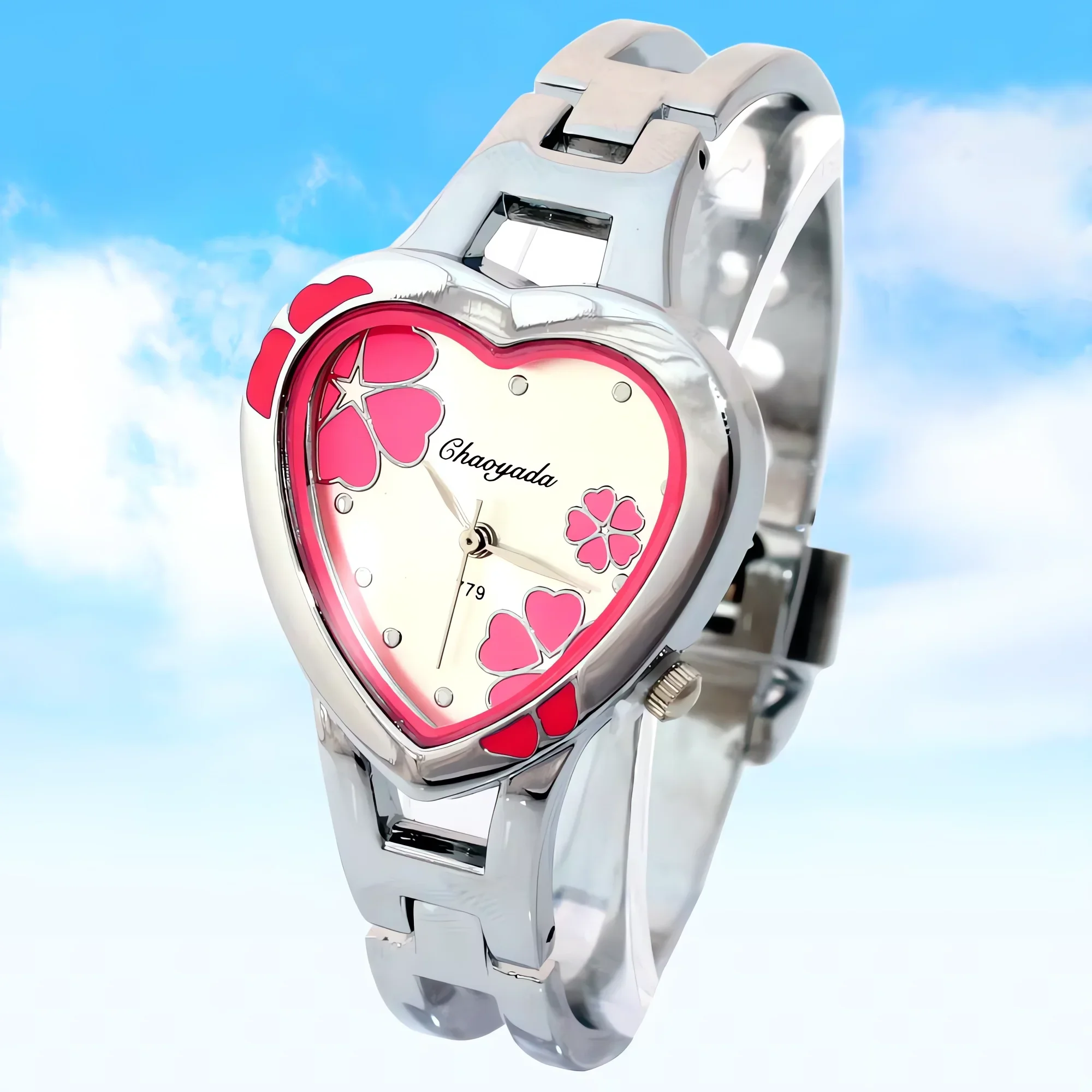 Women's Elegant Pink Flower Quartz Wristwatch Full Steel Bracelet Fashionable Female Watch