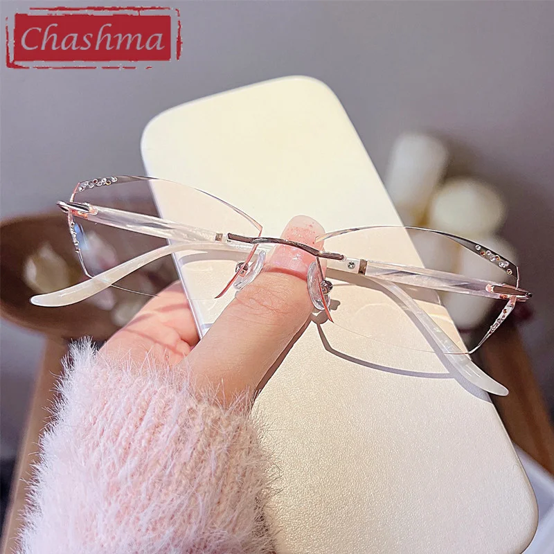 

Chashma Rimless Light Frame Diamond Stones Trend Eyeglasses Titanium Lady Elegant Glasses Anti Reflective Spectacles for Women