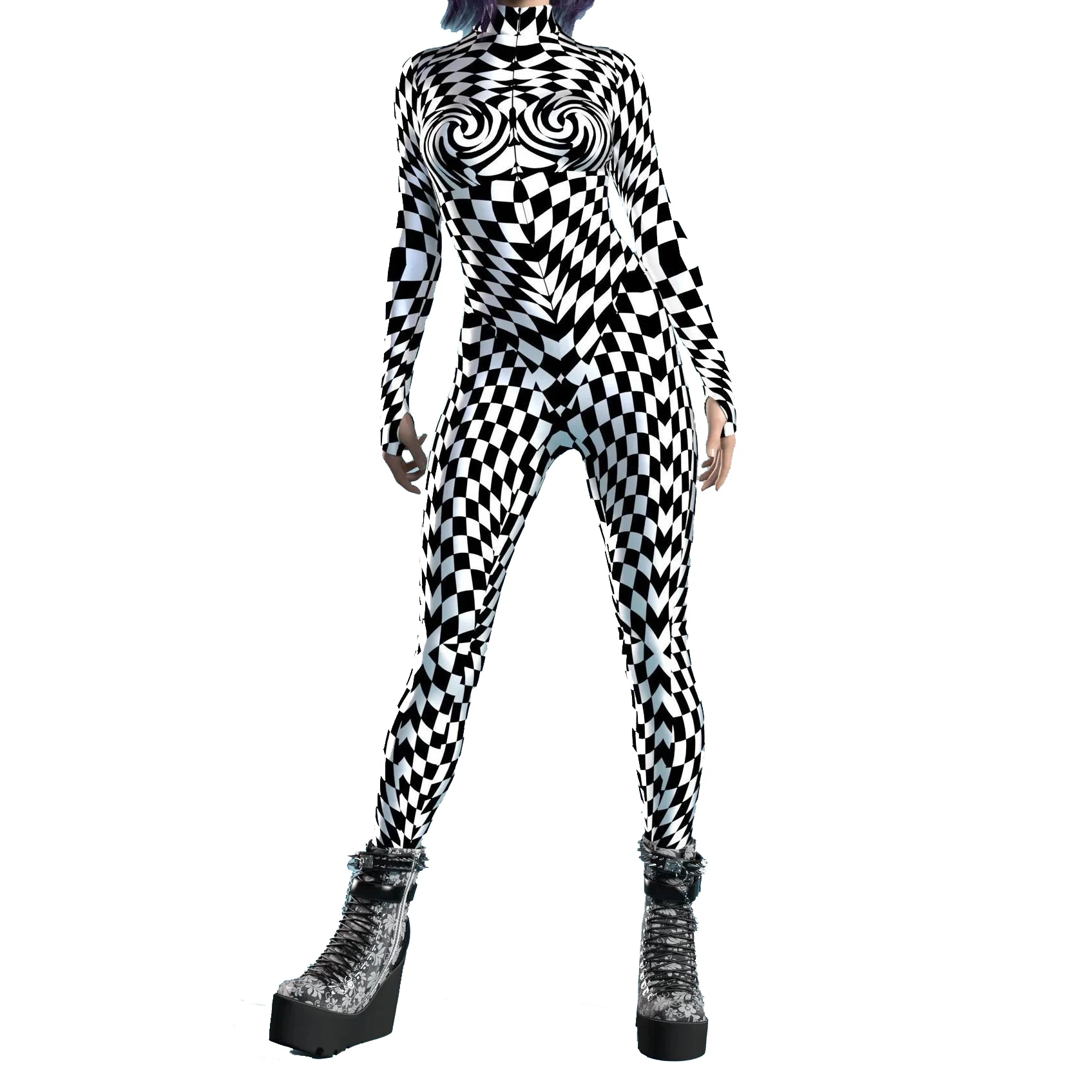 

Black And White Checkerboard Plaid Leopard Pattern Sexy Women's Jumpsuit Print Cosplay Costume Party Carnival Biking Bodysuit