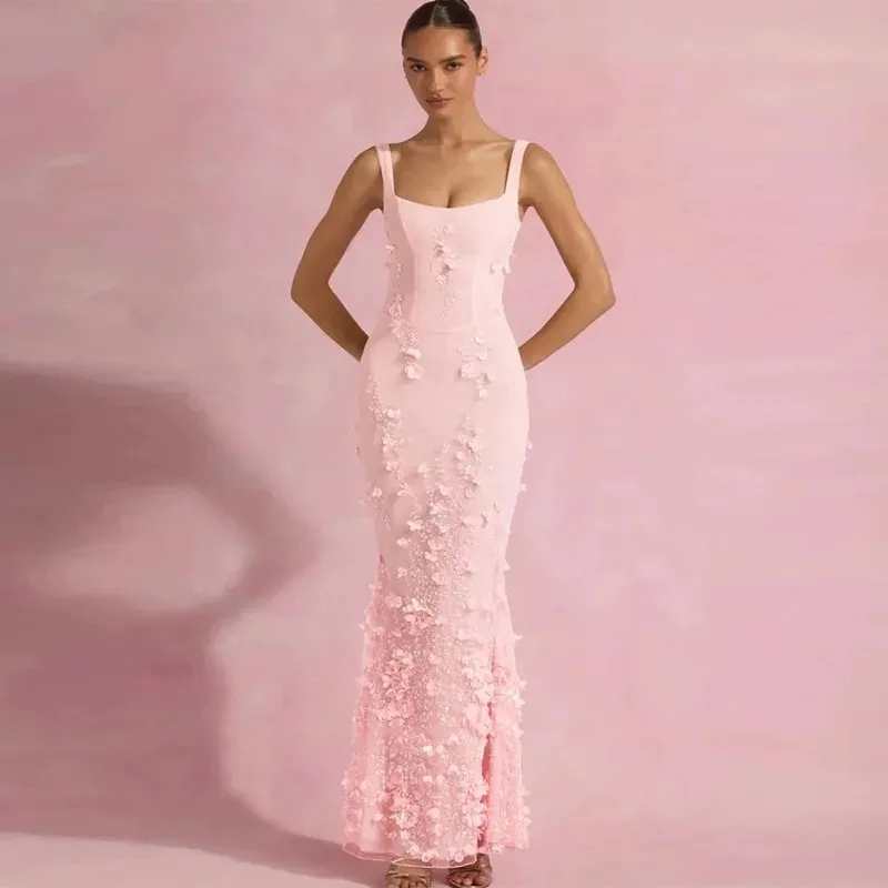 

Luxury Pink Prom Party Dress 2026 Square Collar Sleeveless 3D Flowers Lace Satin Floor Length Evening Party Gown Birthday Dresse