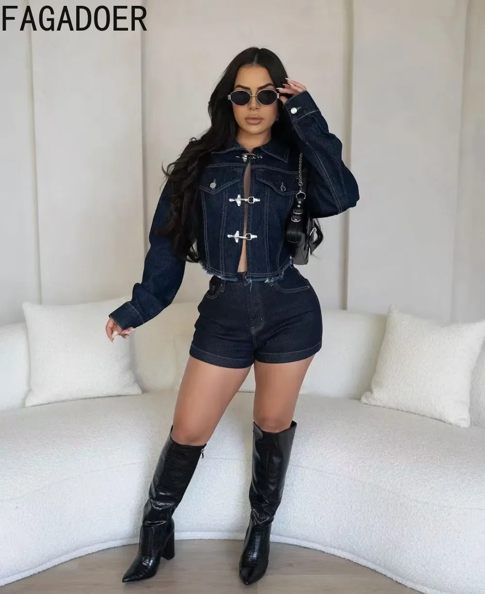 FAGADOER Retro Y2K Autumn Winter Denim 2 Piece Sets Outfit Women Long Sleeve Crop Jacket and Stretchy High Waist Shorts Suits