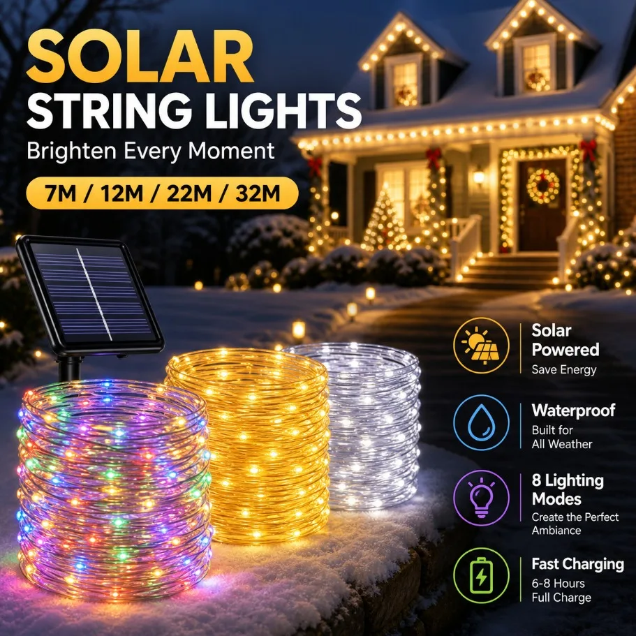 7/12/22/32M Solar String Lights IP65 Waterproof Flexible Copper Wire Fairy Light 8H Working Time Outdoor Porch Party Decor Lamp