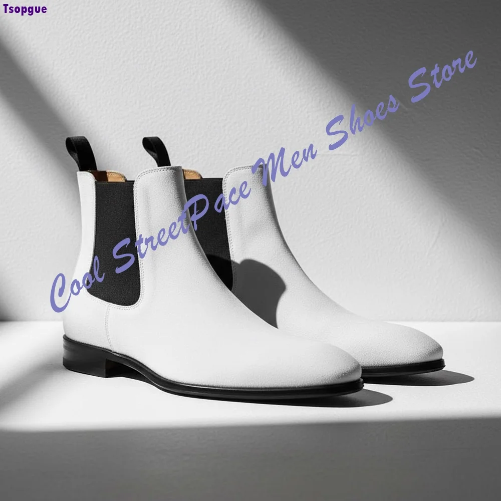Vintage Men White Chelsea Boots Leather Black Side Elastic Ankle Boots Round Square Toe Formal Dress Boots for Wedding Party
