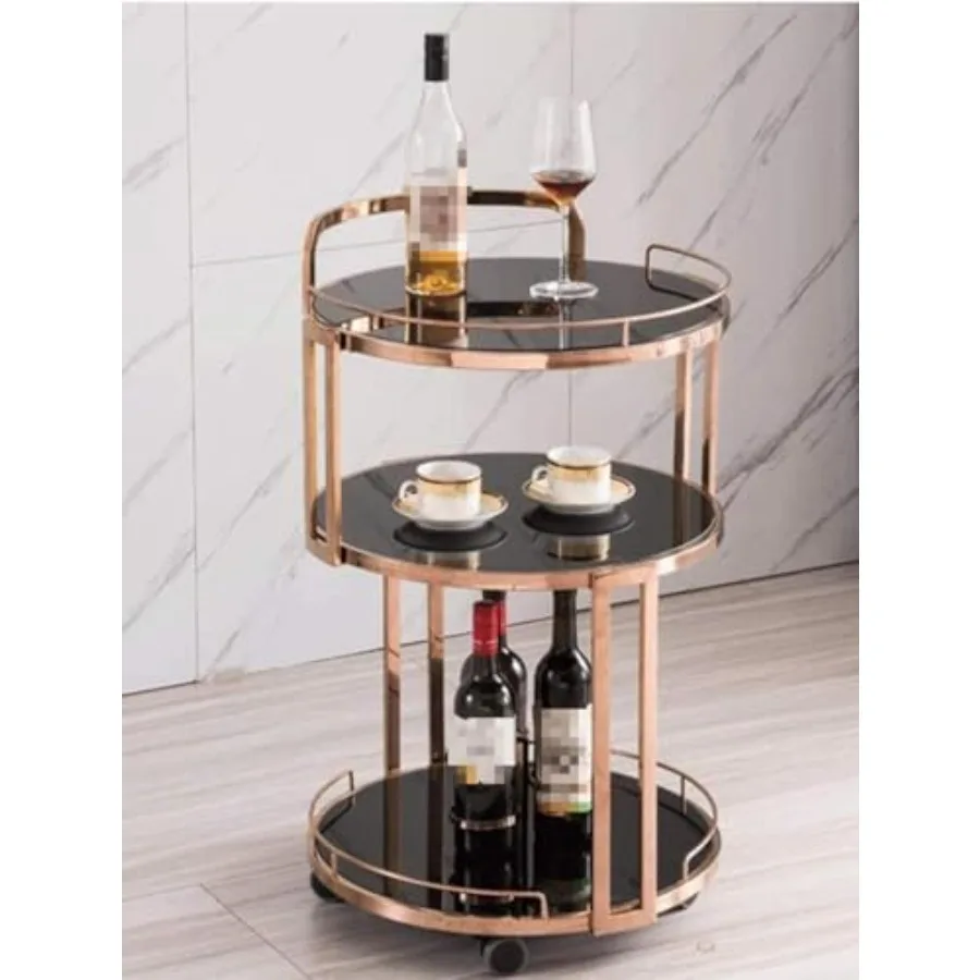 

Modern Kitchen Bar Cart Serving Trolley with Wine Cabinet and Wheels for Hotel Tea and Drink Service in Rose Black Color, Rose