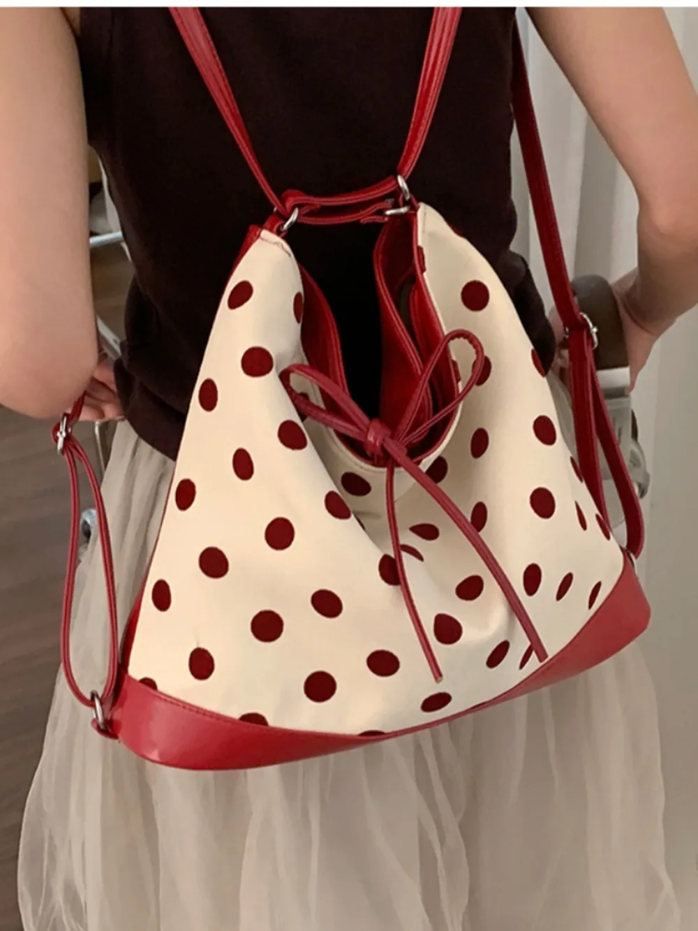 All-match Large Capacity Polka Dot Single-Shoulder Bag Moda Korea Minority Commuter Women Totes Drawstring Versatile Backpacks