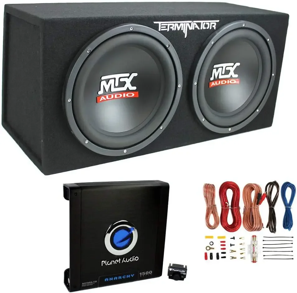 Dual 12 Inch 1000 Watt RMS Vented Subwoofer Enclosure + Planet Audio 1500 Watt Monoblock Amp + Soundstorm 8GA Wiring Kit, Black