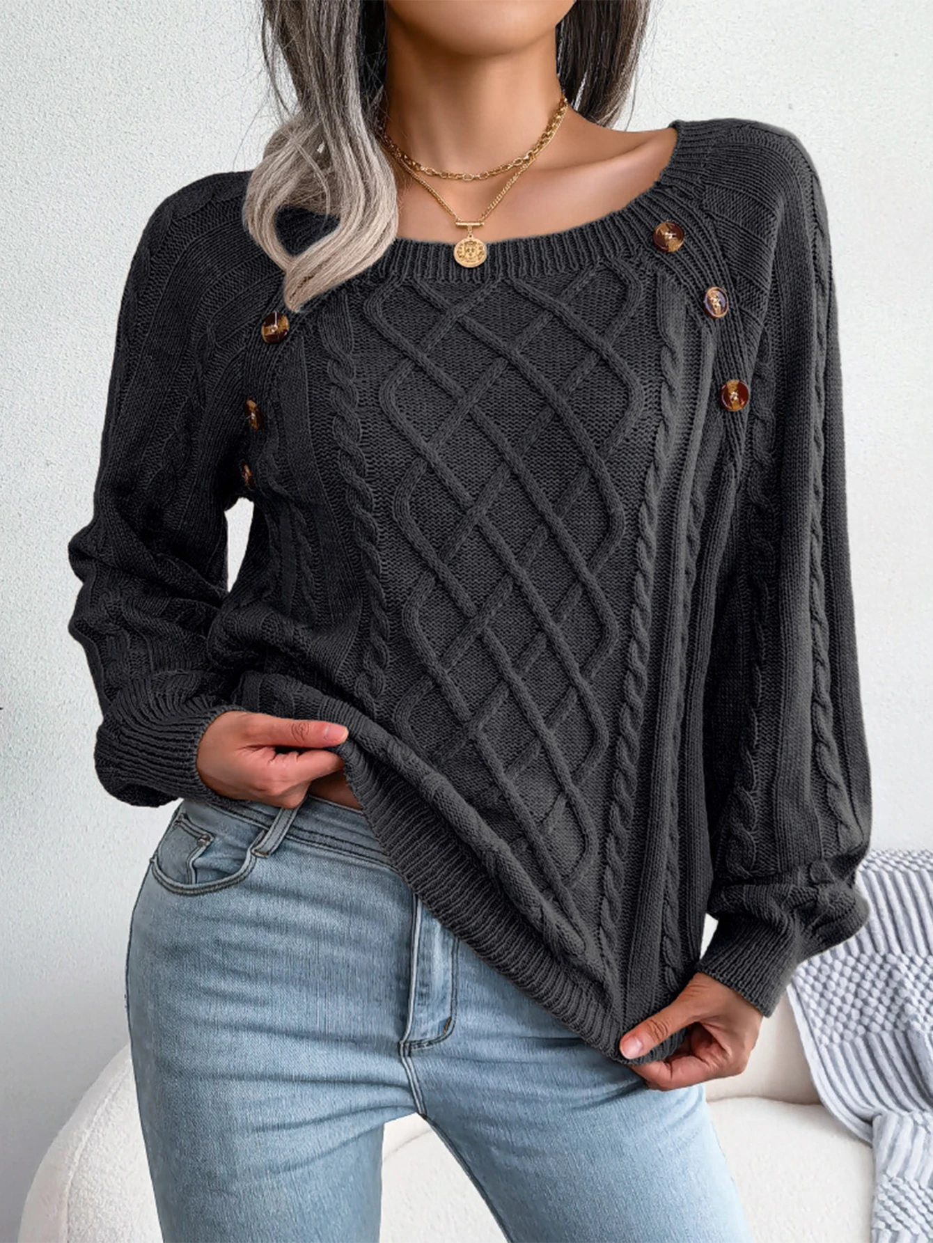 

Women's Autumn Sweater Boat Neck Long Sleeve Button Detail Comfortable Texture Plain Daily Wear Regular Fit