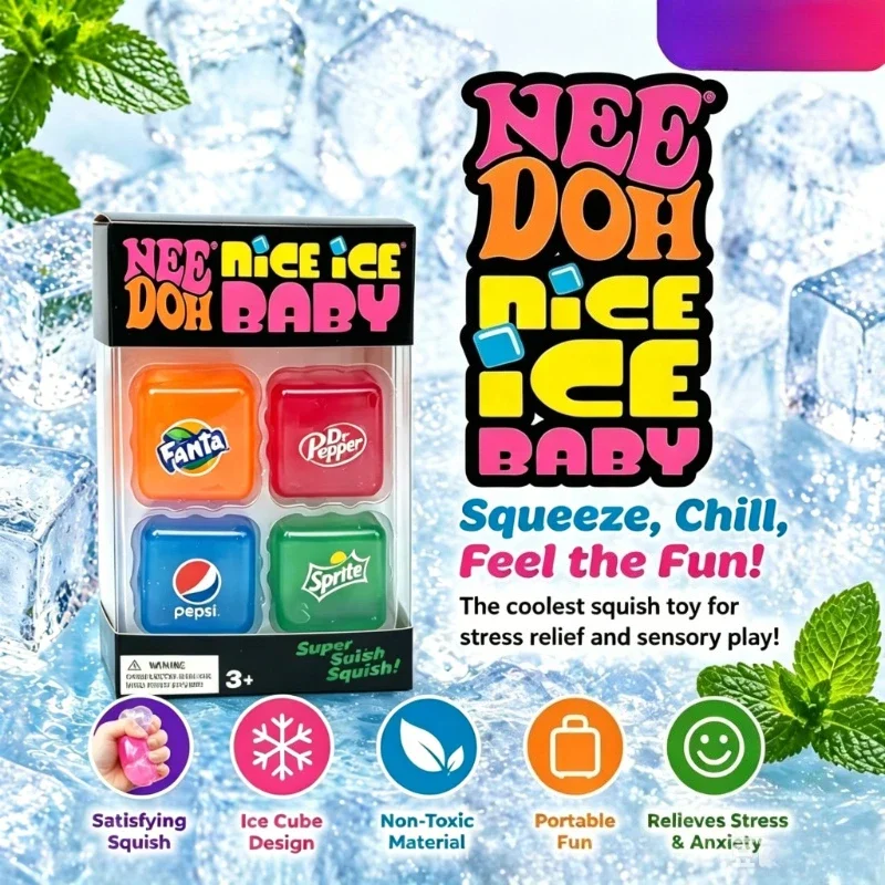 Needoh Nice Ice Baby Fidget Cube Set 4 Pack Super Solid Squish Sensory Toys Non-toxic Squeeze Toys for ADHD and Autism Gift