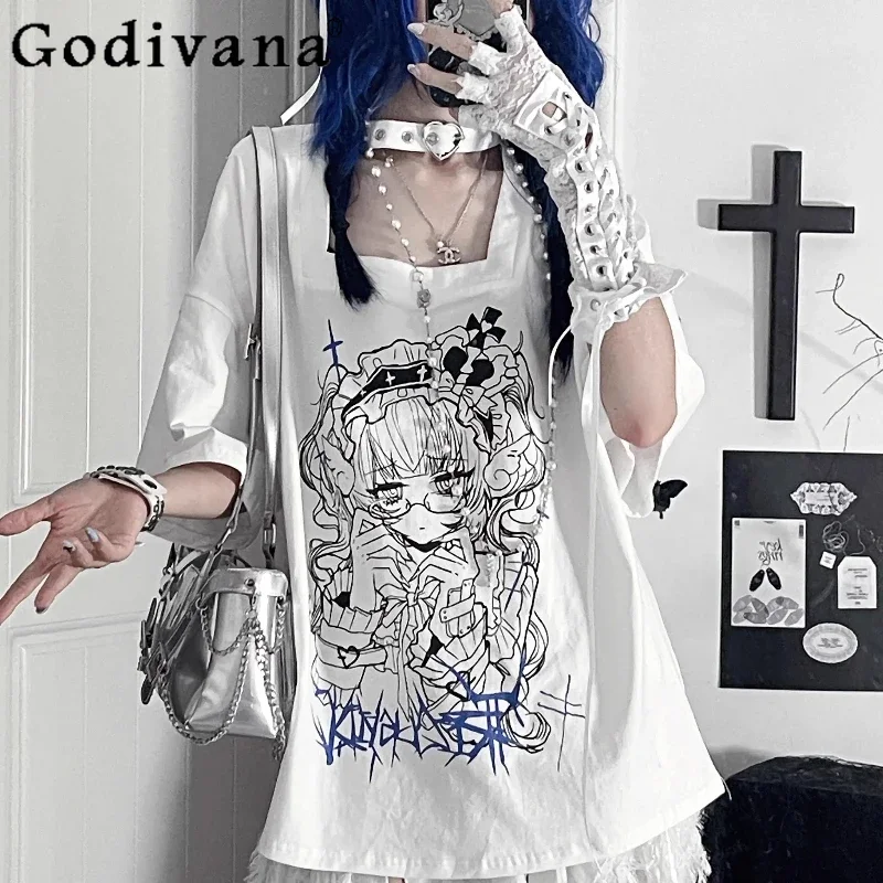 IMU Original Anime Print Kawaii White T-shirt Summer 2025 Japanese Style Subculture Gothic Sweet Cool Loose T-shirt Y2k Neck Top