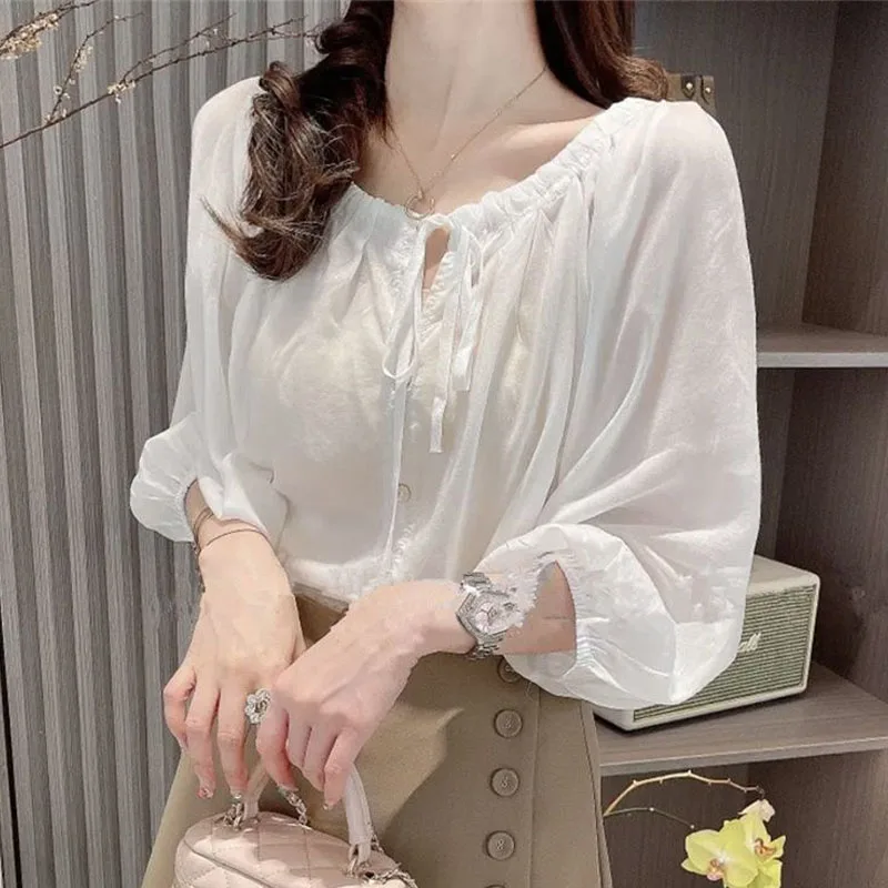 Korean Simplicity Solid Color 3/4 Sleeve Blouse for Female Loose All-match Round Neck Lace Up Shirt Summer Women\'s Clothing