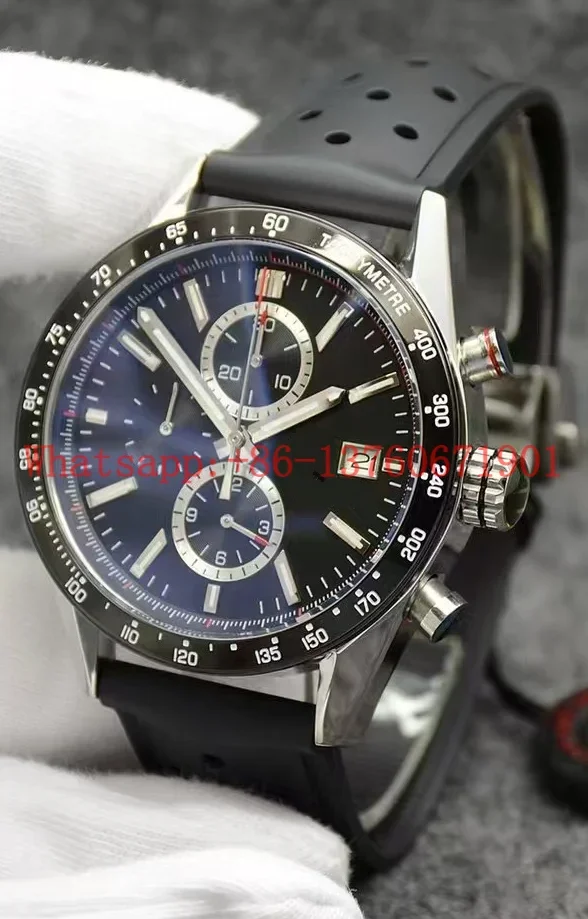 Luxury New Mens Quartz Chronograph Watch Black Blue Ceramic Leather Stopwatch Stainless Steel Luminous Sapphire