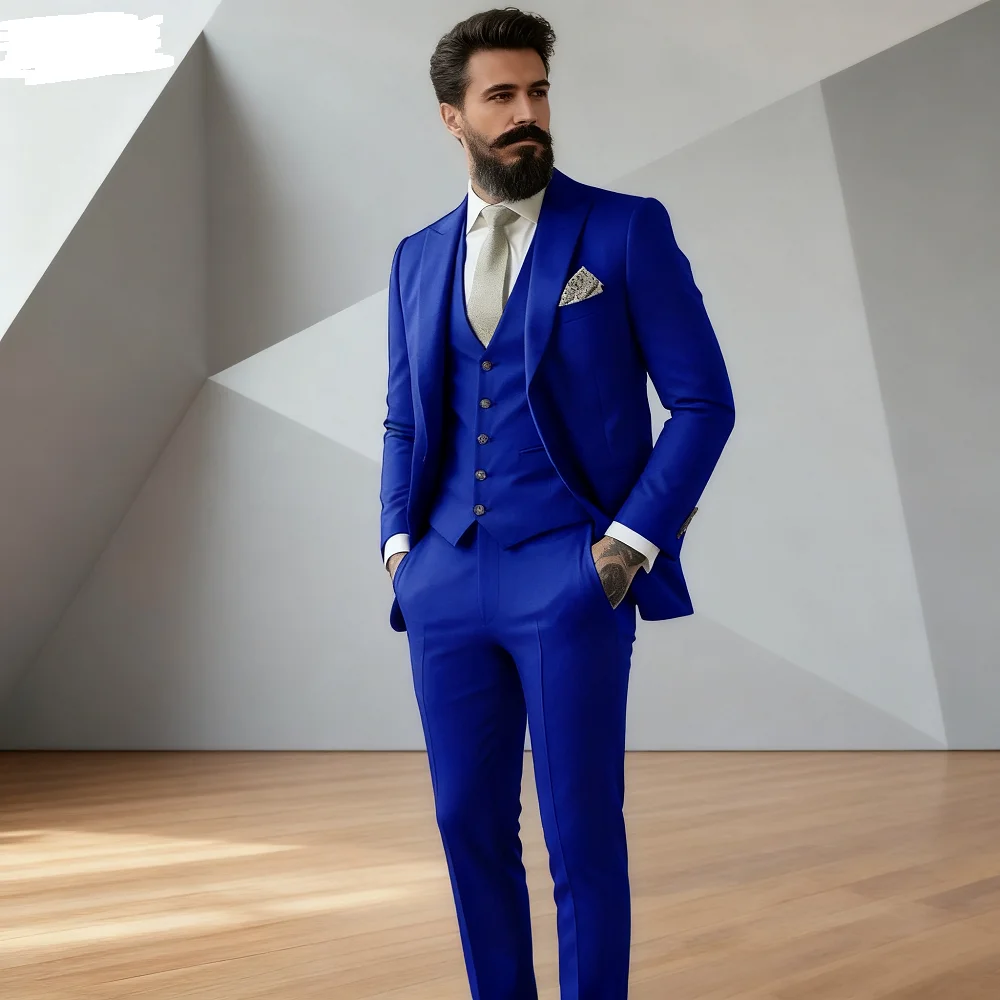 

High-Quality Blue Real 3-Piece Suit for Men Slim Fit Formal Office Casual Wear Daily Fashion Party