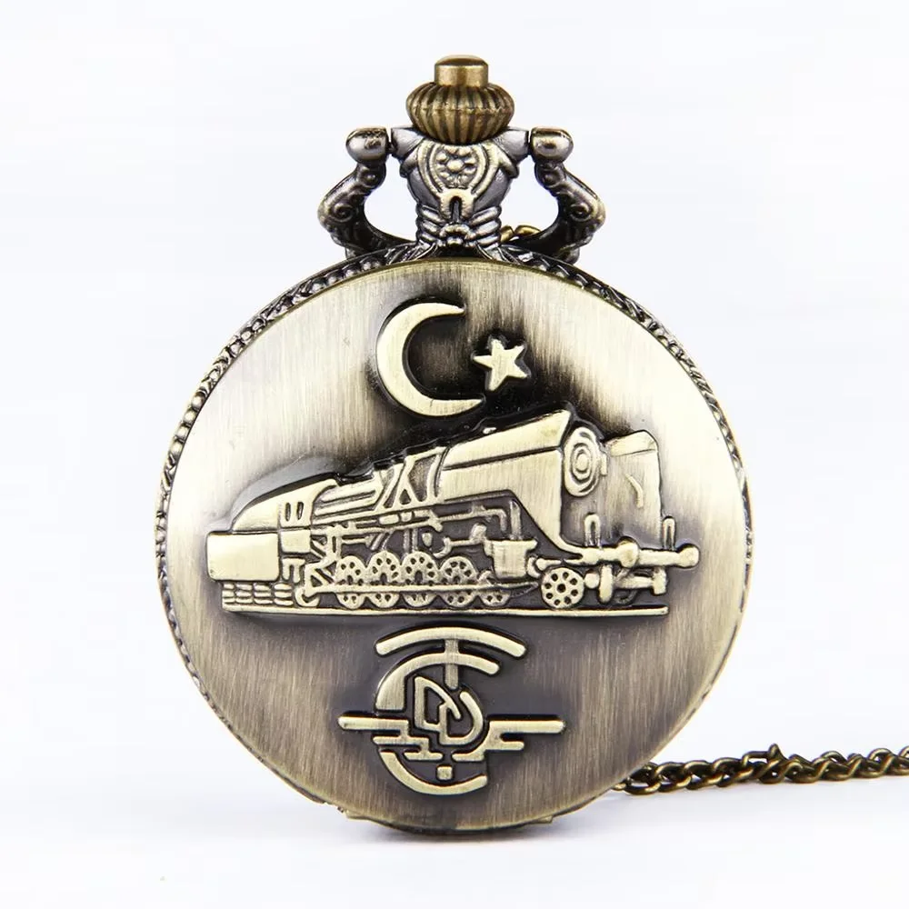 Large thin chain bronze case engraving Indian and American vintage train pattern pocket watch