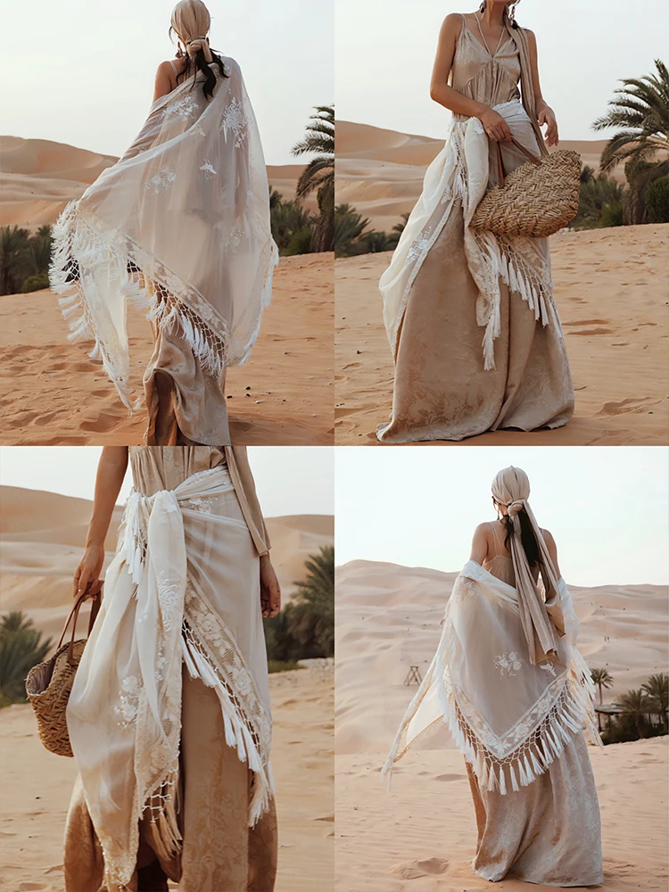 TIYIHAILEY-Loose Long Tassels Cloak Shawl, Flowers, Beige, Vintage, Spring, Summer Outerwear, New Fashion, 2025 New Tassels