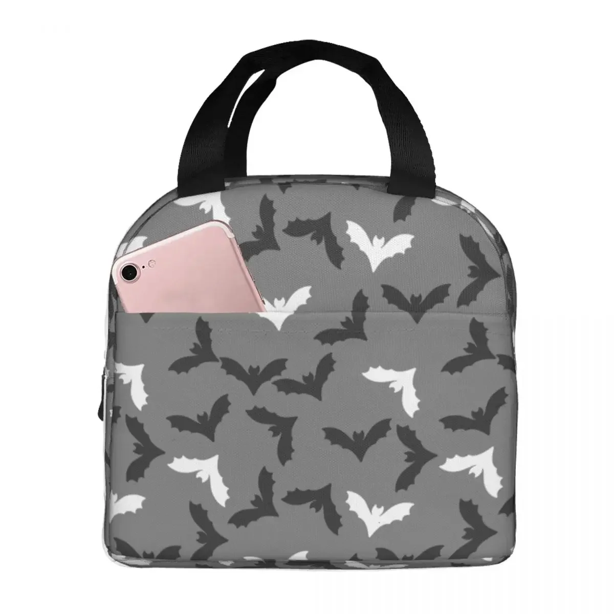 Lunch Bag for Men Women Cute Cartoon Black And White Bats Grey Insulated Cooler Portable Picnic School Canvas Lunch Box Handbags