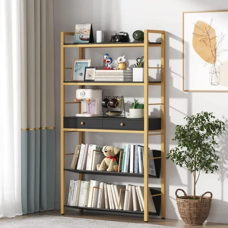 Bookshelf with Drawers Widen Industrial Bookcase with Bookend 5 Tiers Tall Storage Shelves Steel Frame Display Rack for Bedroom