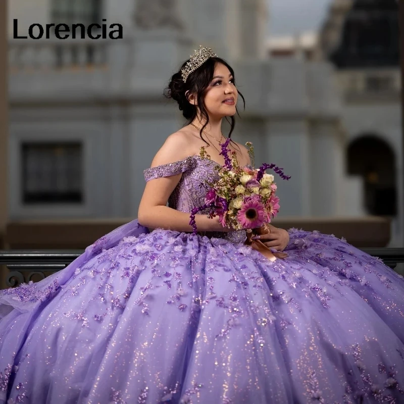 Lorencia ชุดเดรสชุดไปงานเต้นรำลาเวนเดอร์ Quinceanera ลูกไม้ลายดอก3มิติประดับด้วยลูกปัดแม็กซิกันแบบหวาน16ชุดเดอ15 YQD820