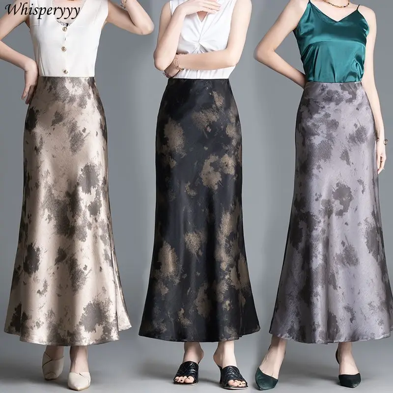 

Новая китайская юбка «рыбий хвост», длинная атласная юбка с принтом из ацетата, женская весна-лето, корейская модная одежда, дикая женская Faldas