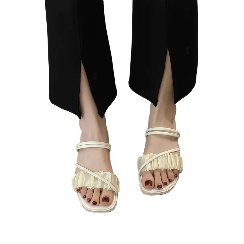 

Summer Slippers Outside Cross Tied Leather Female Slides 2026 Fashion Woman Sandals Women Ladies Square Heels Elegant