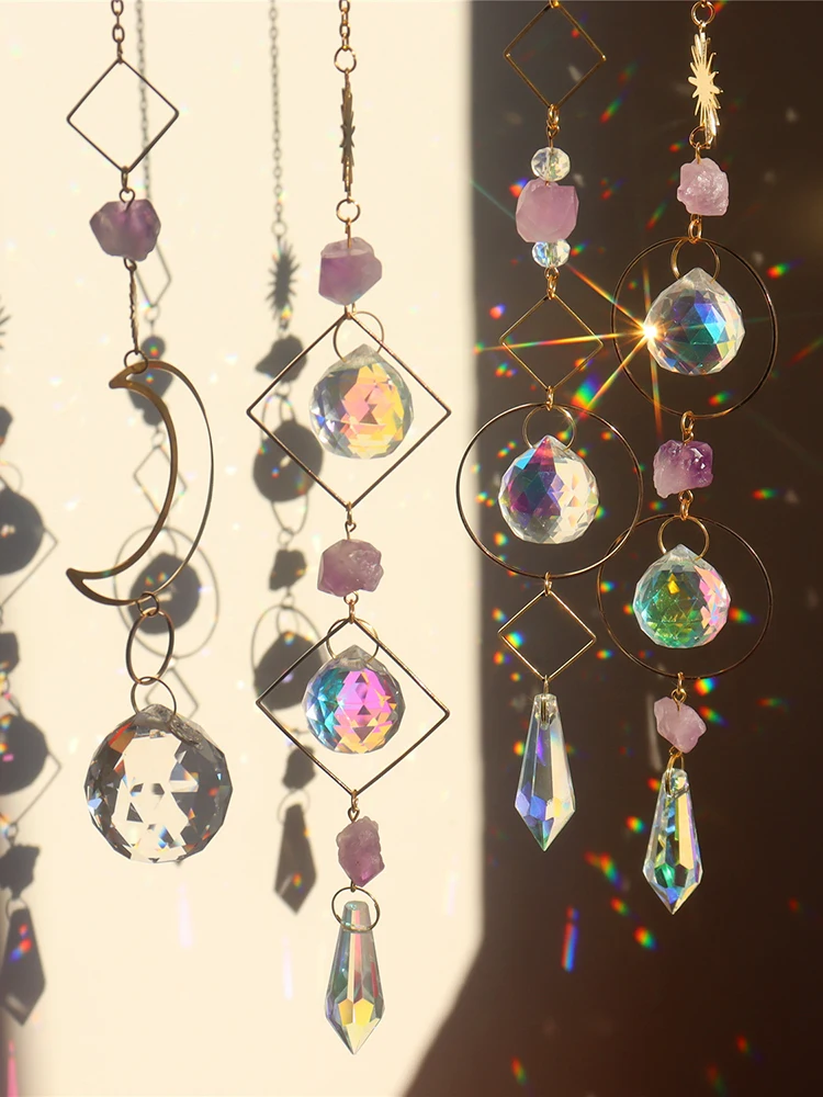 Crystal Prism Sun Catcher Celestial Sun Moon Rainbow Chaser Hanging Natural Stone Decor Car Pendant Home Window Room Fairy Gifts