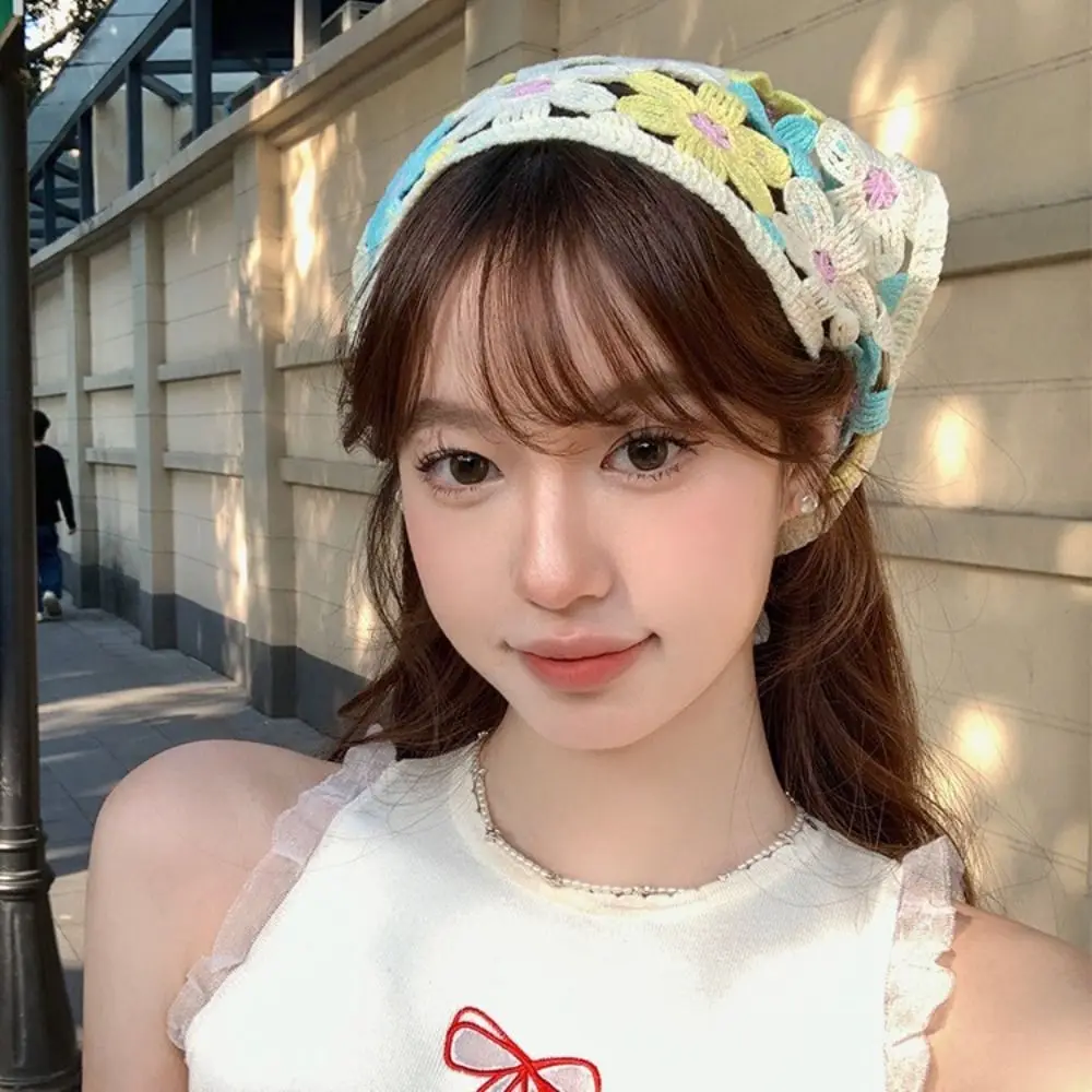 متعدد الألوان الحياكة زهرة عقال ليتل ديزي الفرنسية الرجعية الثلاثي عمامة وشاح النمط الرعوي صور الدعائم الحجاب قبعة
