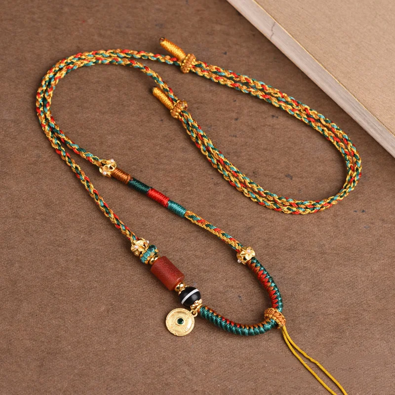 

High-End Tibetan Hand-Knitted Rope Thangka Necklace Rope Jadeite Jade Pendant Rope Beeswax Pendant Rope Colorful Braided Rope Cl