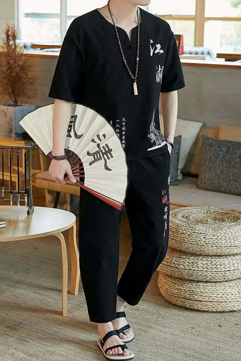 Summer Traditional Chinese Linen Tang Suit Men (Shirt + trousers) Cotton Linen Suit T Shirt Men Kungfu Clothes Tang Suit