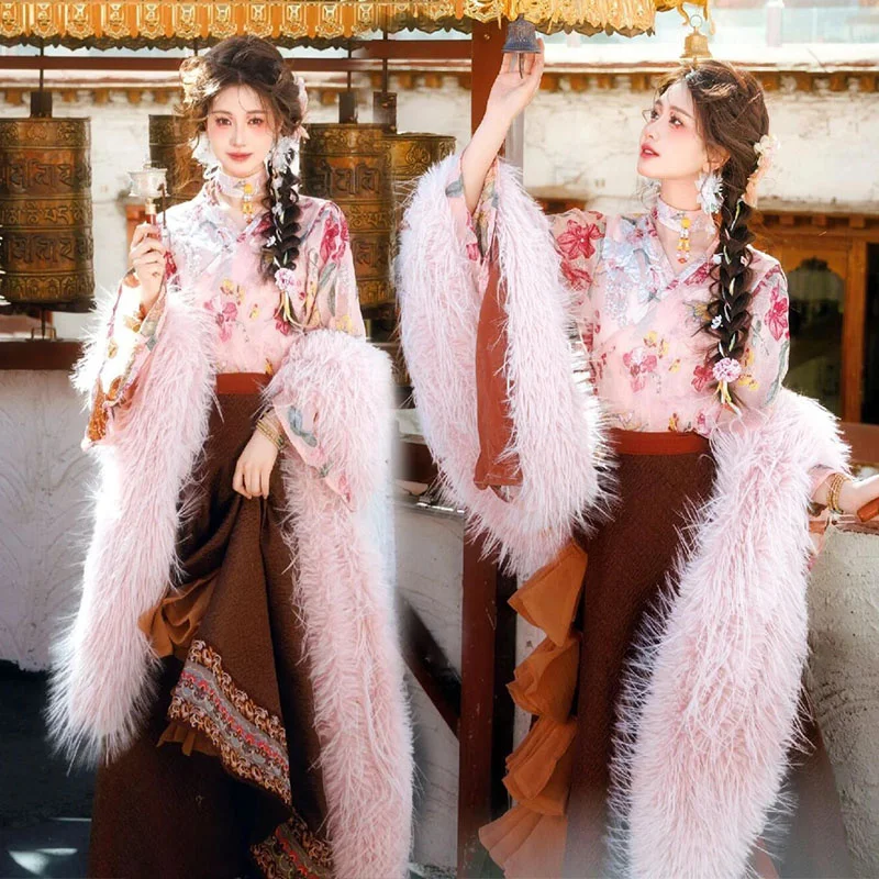 

Women's Tibetan Costume Full Set Yunnan Tibet New Sle Ethnic Wind Travel Photoaphy Portrait Polyester Fiber Summer 2024